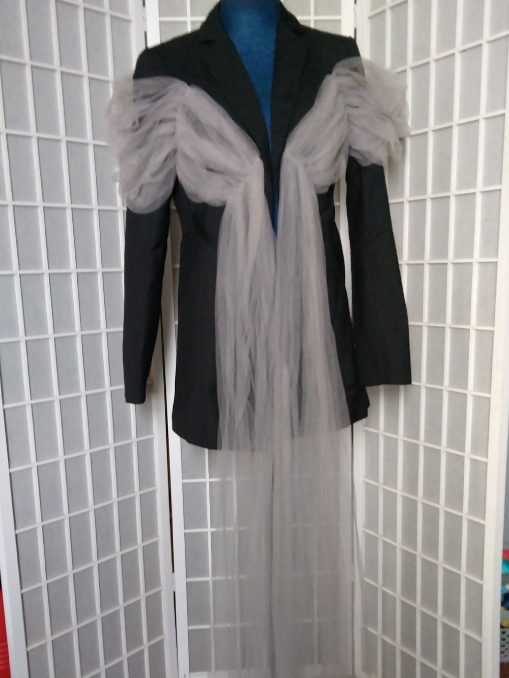 Black Open-Back Blazer with Dramatic Light Gray Tulle Draping